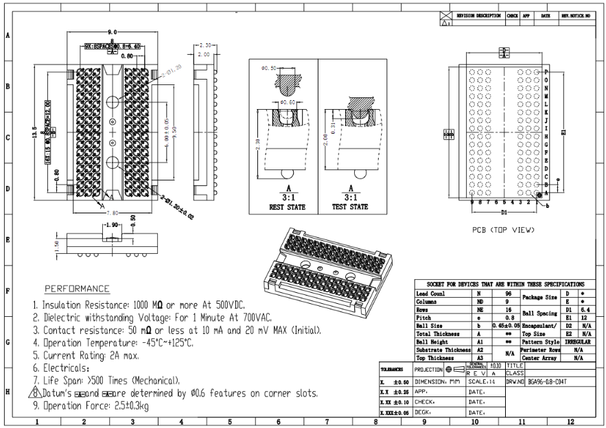 DDR4-BGA96ball内存颗粒芯片测试座图纸 DDR4-BGA96ball内存颗粒芯片测试座图纸