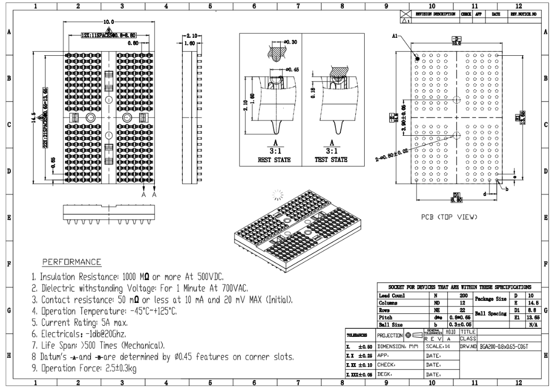 LPDDR4-BGA200ball芯片测试治具图纸 LPDDR4-BGA200ball芯片测试治具图纸