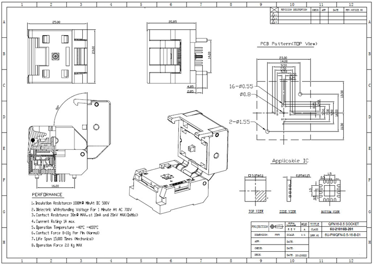 QFN16封装测试座尺寸图纸