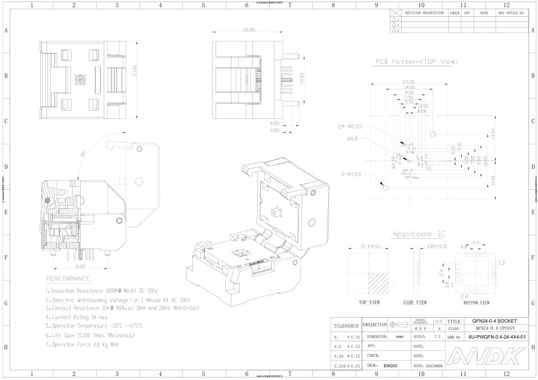 QFN24-0.4翻盖测试座PCB封装图纸